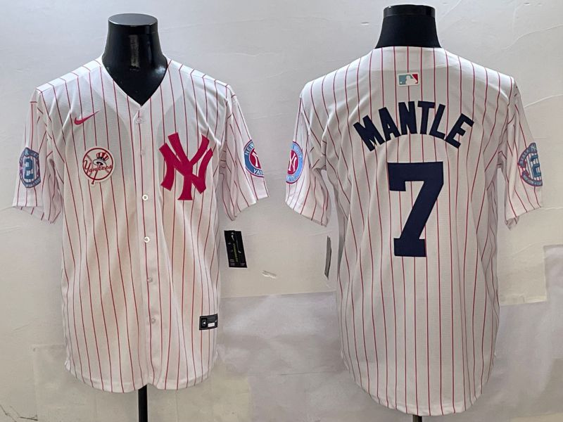 Men New York Yankees #7 Mantle White Stripe Jointly Name Nike 2025 MLB Jersey style 7->new york yankees->MLB Jersey